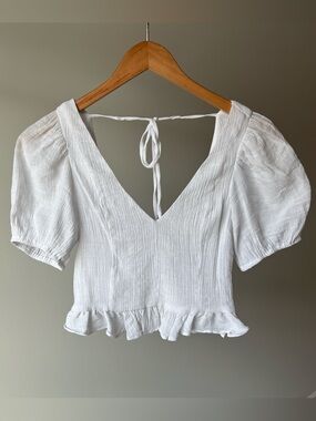 White Puff Sleeve Tie Back Crop Top Peplum Blouse Cottagecore